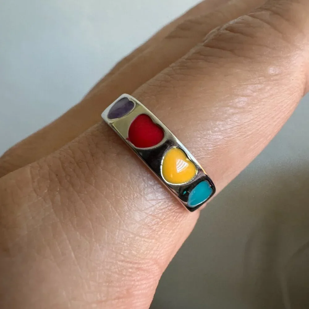 925 Sterling Silver Multicolor Heart Ring | Y2K Adjustable Enamel Band - Picture 2 of 6